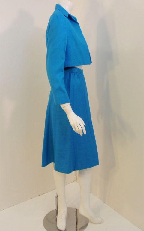 Blue Pauline Trigere 1960's Turquoise Cropped Jacket and Skirt Suit Set For Sale