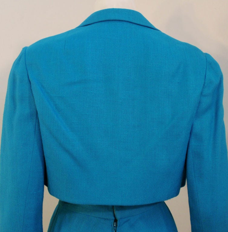 Women's Pauline Trigere 1960's Turquoise Cropped Jacket and Skirt Suit Set For Sale