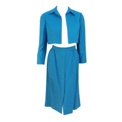 Retro Pauline Trigere 1960's Turquoise Cropped Jacket and Skirt Suit Set