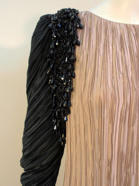 Mary McFadden Taupe & Black Gown w/ Black Beaded Drape, c 1980s 5