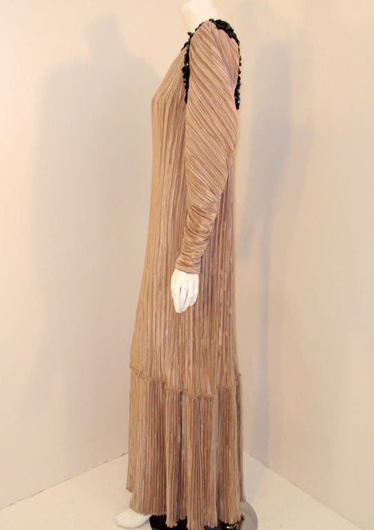 Brown Mary McFadden Taupe & Black Gown w/ Black Beaded Drape, c 1980s