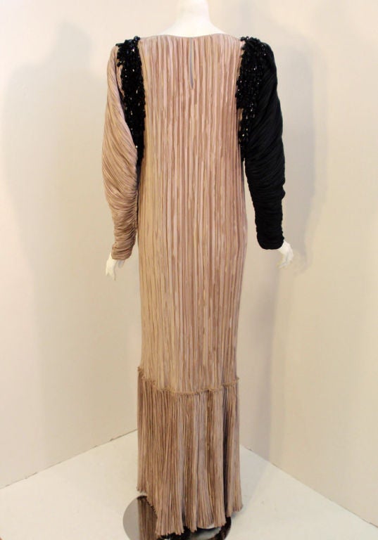 Mary McFadden Taupe & Black Gown w/ Black Beaded Drape, c 1980s In Excellent Condition In Los Angeles, CA