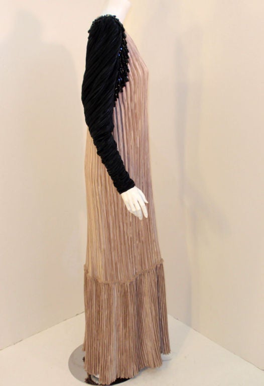 Mary McFadden Taupe & Black Gown w/ Black Beaded Drape, c 1980s 1