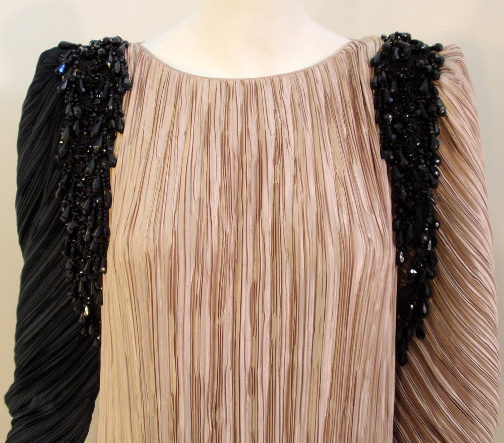 Mary McFadden Taupe & Black Gown w/ Black Beaded Drape, c 1980s 2