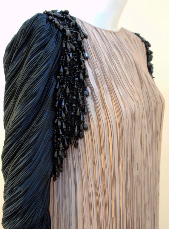 Mary McFadden Taupe and Black Gown w/ Black Beaded Drape, c 1980s at ...