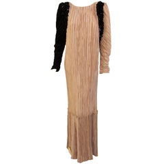 Mary McFadden Taupe & Black Gown w/ Black Beaded Drape, c 1980s