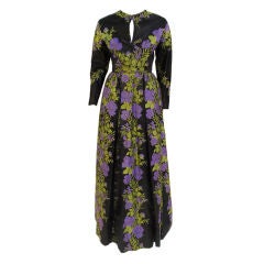 Retro Paul Whitney Black, Purple & Green Floral Gown w/ Belt, c 1950s