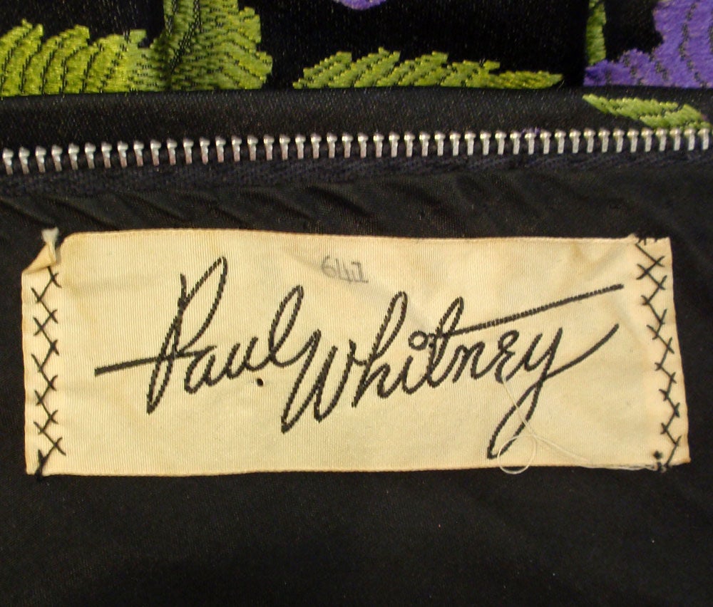 Paul Whitney Black, Purple & Green Floral Gown w/ Belt, c 1950s