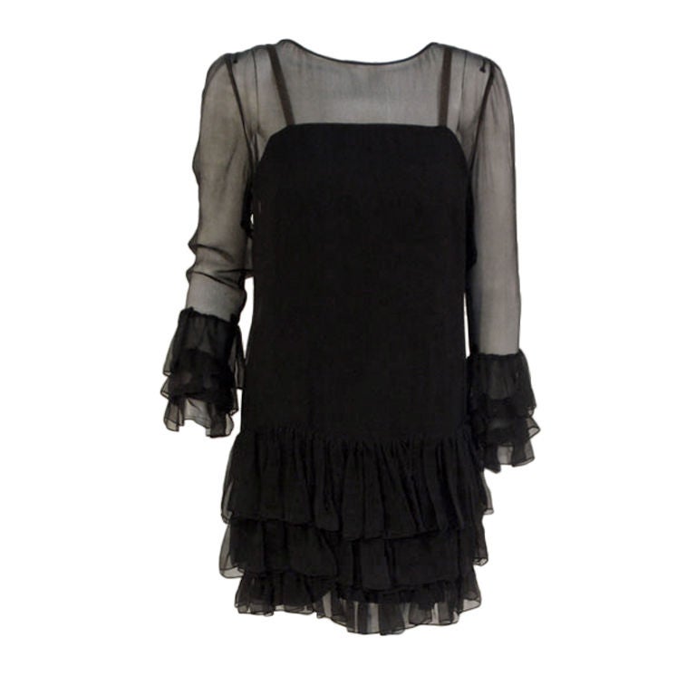 Pauline Trigere 2 Pc.Black Chiffon Ruffle Cocktail Dress w/ Slip at 1stdibs