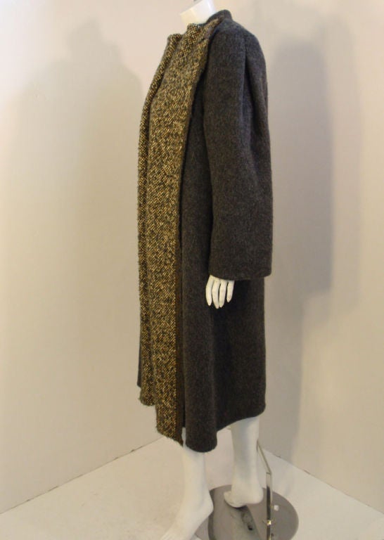 Black Pauline Trigere 3 Pc. Wool Tweed Overcoat, Top and Skirt, c 1980