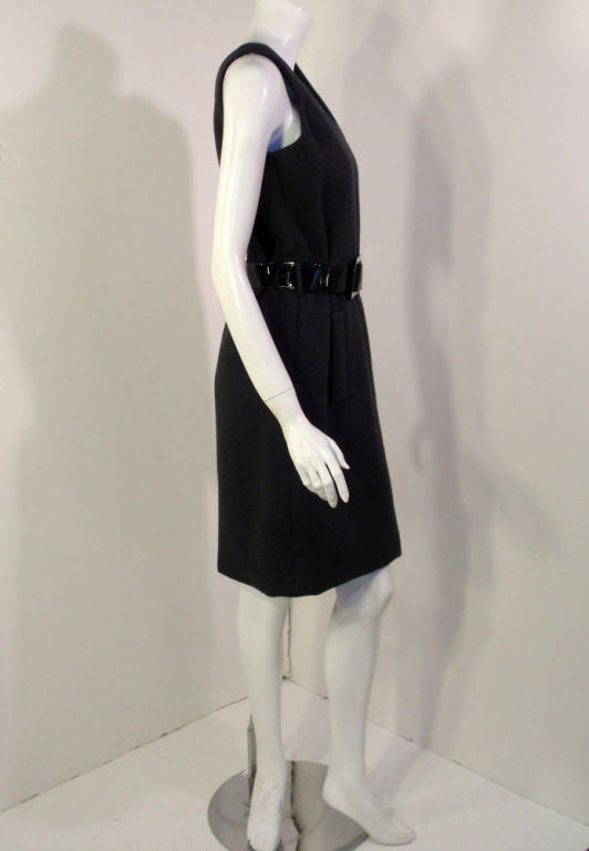 Women's Geoffrey Beene Sexy Grey Wool Shift Dress w. Black Wide Belt, c. 1960's