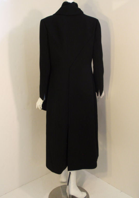 Women's Pauline Trigere Black Wool Overcoat w/ Attached Scarf, c. 1980's