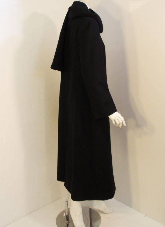 Pauline Trigere Black Wool Overcoat w/ Attached Scarf, c. 1980's 1