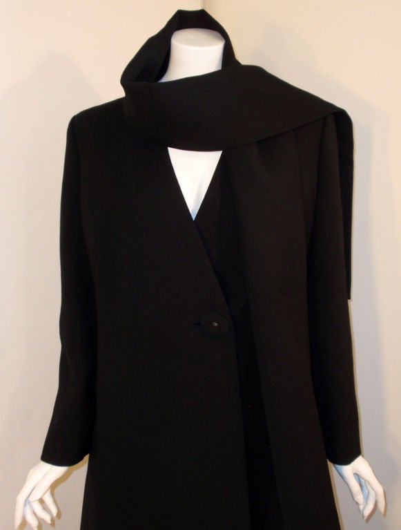 Pauline Trigere Black Wool Overcoat w/ Attached Scarf, c. 1980's 2