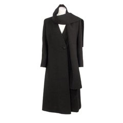 Vintage Pauline Trigere Black Wool Overcoat w/ Attached Scarf, c. 1980's