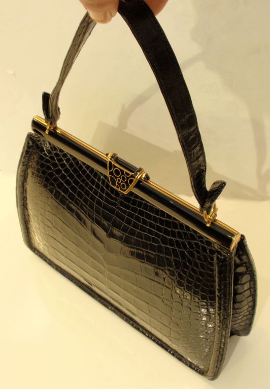 Lucille de Paris Black Vintage Alligator Handbag w/ One Strap 1