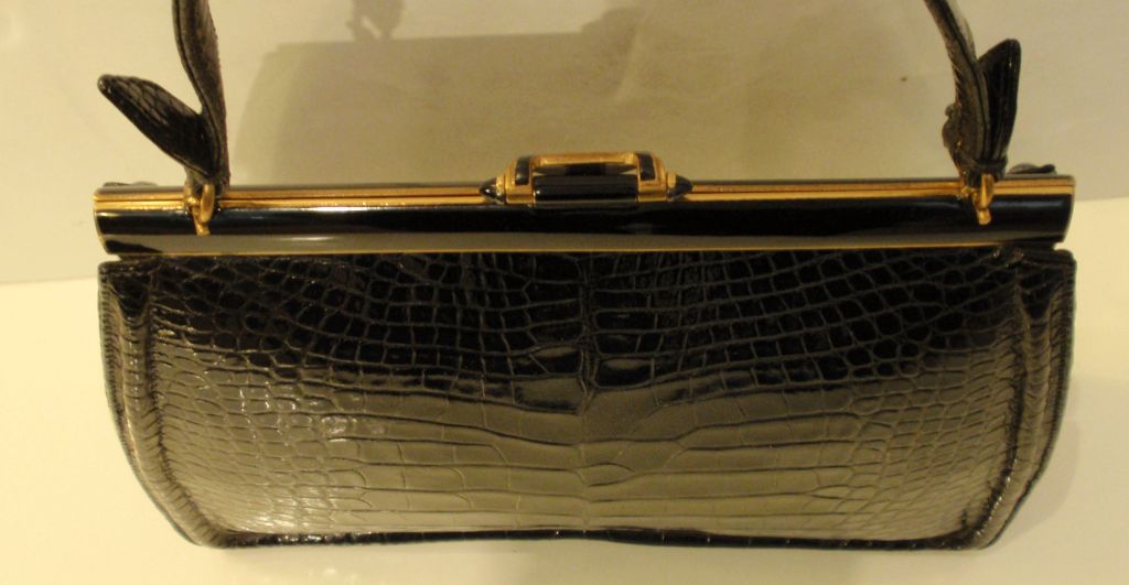Lucille de Paris Black Vintage Alligator Handbag w/ One Strap 2