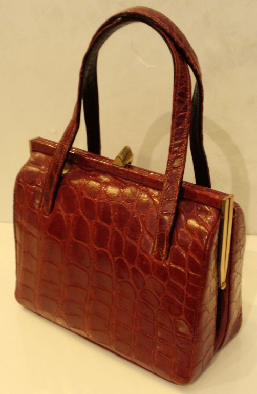 Red Alligator Handbag w/ 2 Handles, circa 1960's 2