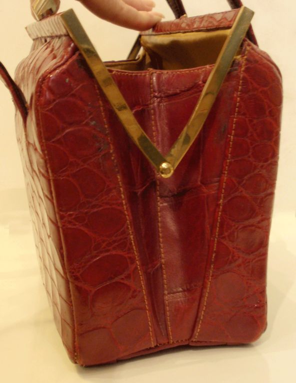 Red Alligator Handbag w/ 2 Handles, circa 1960's 5