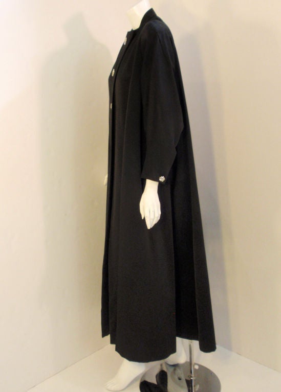 Women's Pauline Trigere Long  Black Swing Coat w/ Rhinestone Buttons