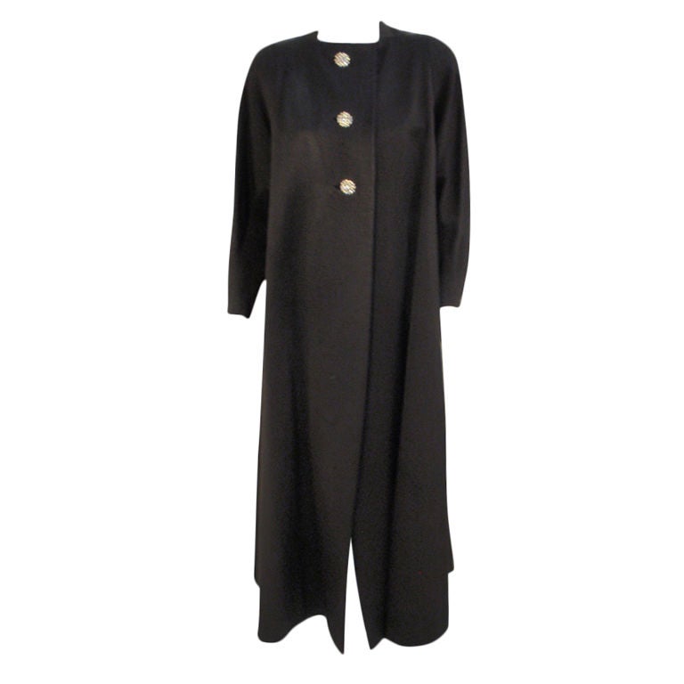 Pauline Trigere Long  Black Swing Coat w/ Rhinestone Buttons