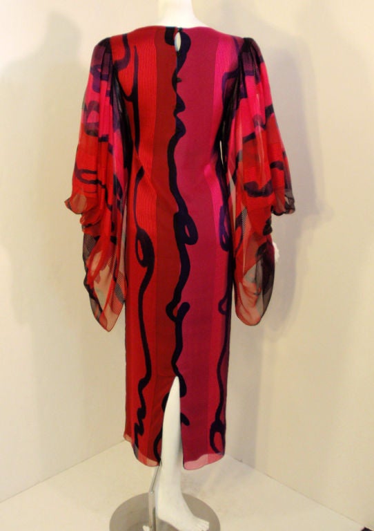 Hanae Mori Pink, Purple & Black Chiffon Gown w/ Bell Sleeves For Sale 1