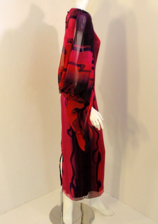 Hanae Mori Pink, Purple & Black Chiffon Gown w/ Bell Sleeves For Sale 2