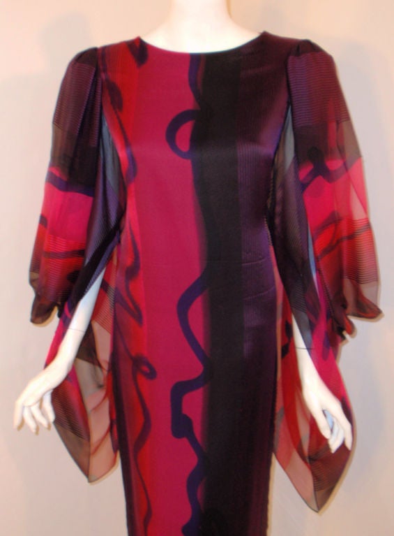 Hanae Mori Pink, Purple & Black Chiffon Gown w/ Bell Sleeves For Sale 3