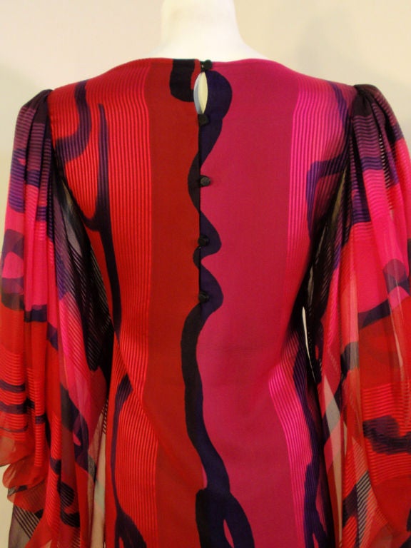 Hanae Mori Pink, Purple & Black Chiffon Gown w/ Bell Sleeves For Sale 4