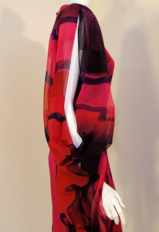 Hanae Mori Pink, Purple & Black Chiffon Gown w/ Bell Sleeves For Sale 5