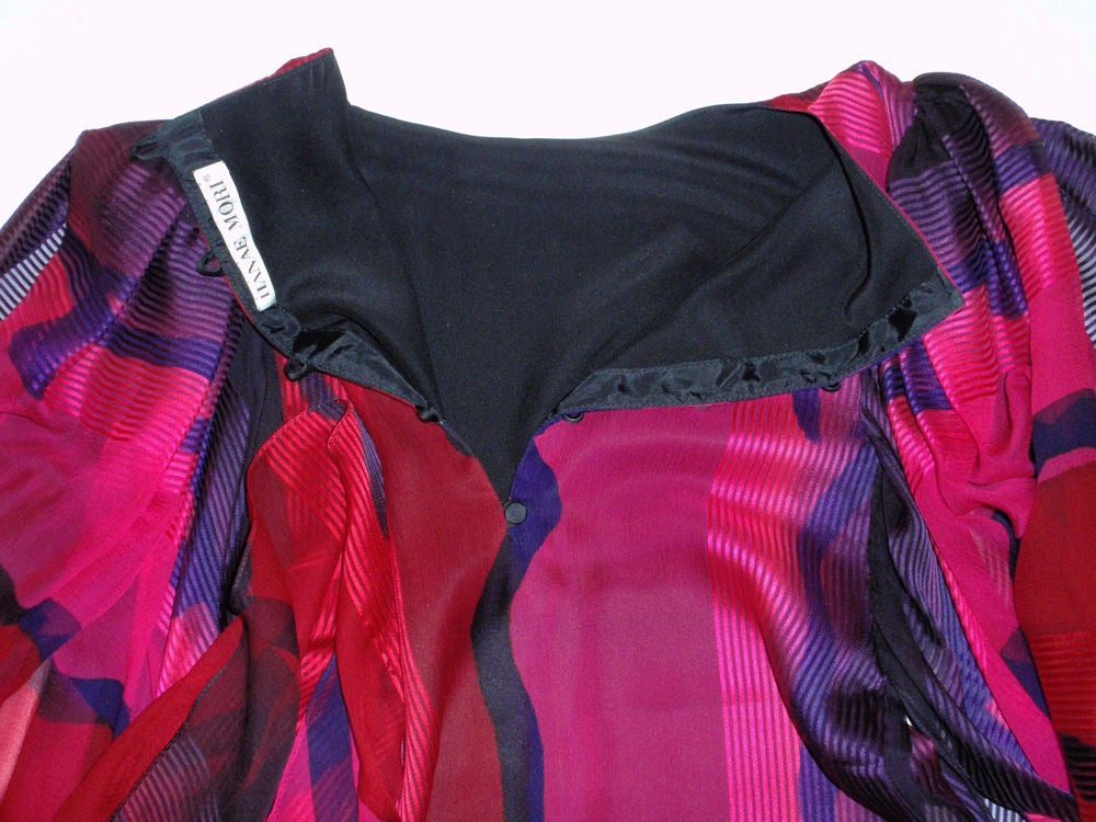 Hanae Mori Pink, Purple & Black Chiffon Gown w/ Bell Sleeves For Sale 6