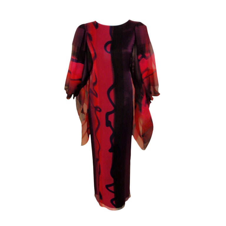 Hanae Mori Pink, Purple and Black Chiffon Gown w/ Bell Sleeves For Sale at  1stDibs