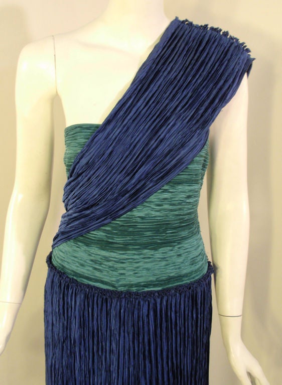 Mary McFadden Blue & Teal One Shoulder Gown, c. 1980's In Excellent Condition For Sale In Los Angeles, CA