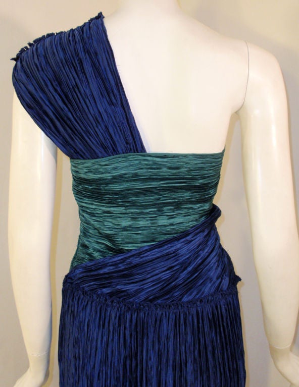Women's Mary McFadden Blue & Teal One Shoulder Gown, c. 1980's For Sale
