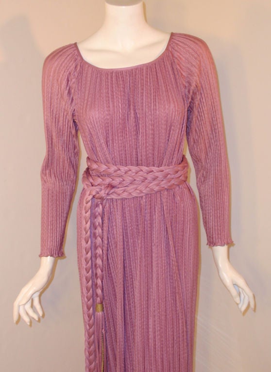 MAry McFadden Mauve Pleated Long Sleeve Gown w/ Rope Belt, c. 1970's 10 In Excellent Condition In Los Angeles, CA