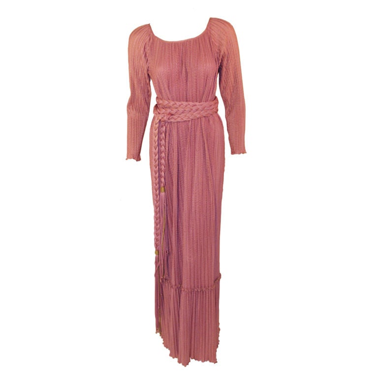 MAry McFadden Mauve Pleated Long Sleeve Gown w/ Rope Belt, c. 1970's 10