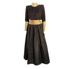 Vintage Valentino Black Silk Crepe Gown w/ Gold Rouche Detail, 1980's