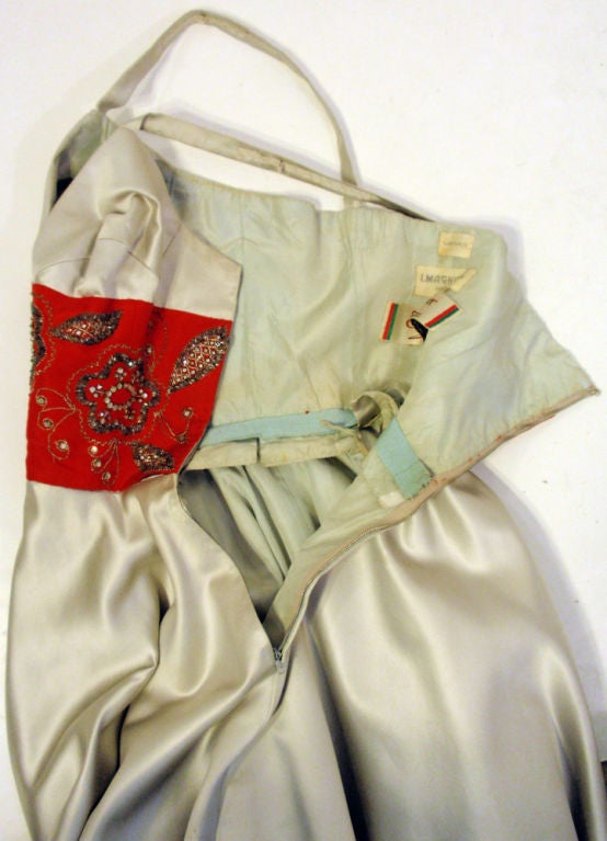 Eleanor Garnett Vintage Silver Satin Gown w/ Red Waist, 1950's For Sale 2