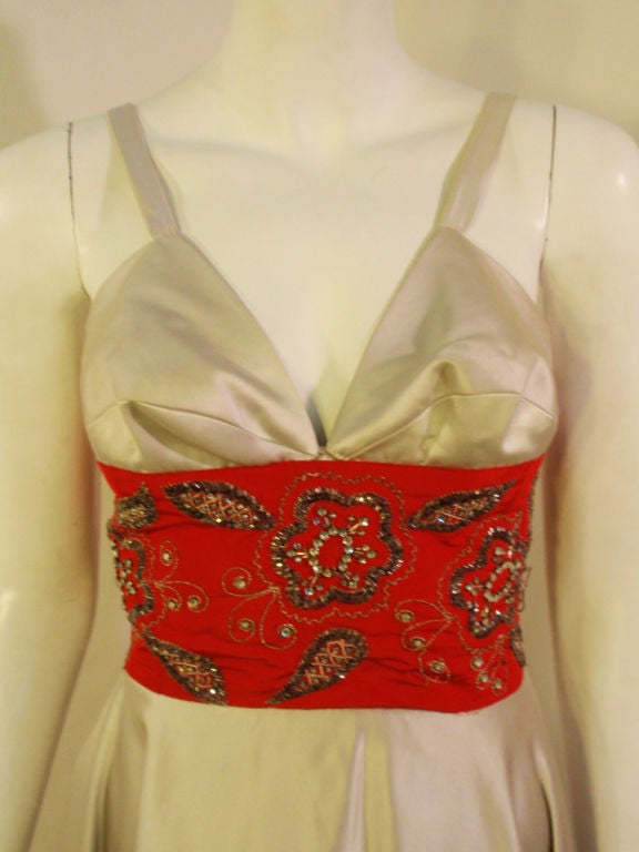Brown Eleanor Garnett Vintage Silver Satin Gown w/ Red Waist, 1950's For Sale