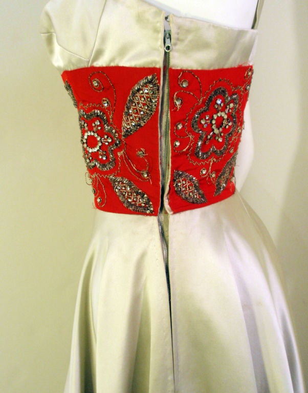 Women's Eleanor Garnett Vintage Silver Satin Gown w/ Red Waist, 1950's For Sale
