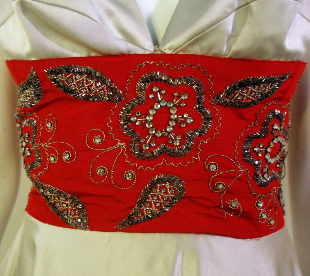 Eleanor Garnett Vintage Silver Satin Gown w/ Red Waist, 1950's For Sale 1