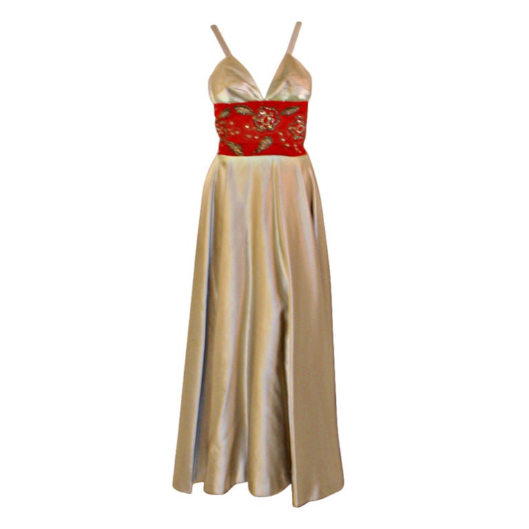 Eleanor Garnett Vintage Silver Satin Gown w/ Red Waist, 1950's For Sale