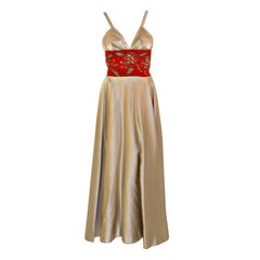 Eleanor Garnett Vintage Silver Satin Gown w/ Red Waist, 1950's