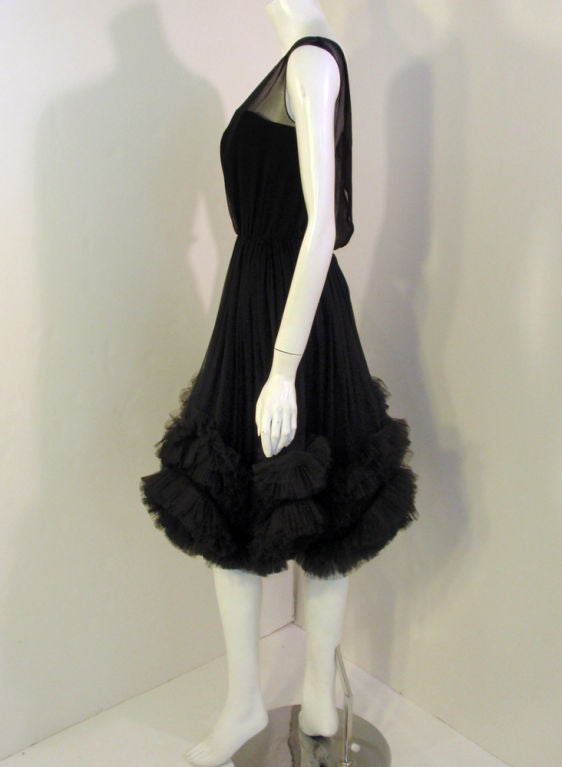 Ceil Chapman Black Chiffon Cocktail dress w/ Tulle Ruffles, '50s In Excellent Condition In Los Angeles, CA