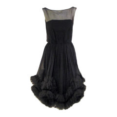 Ceil Chapman Black Chiffon Cocktail dress w/ Tulle Ruffles, '50s 10
