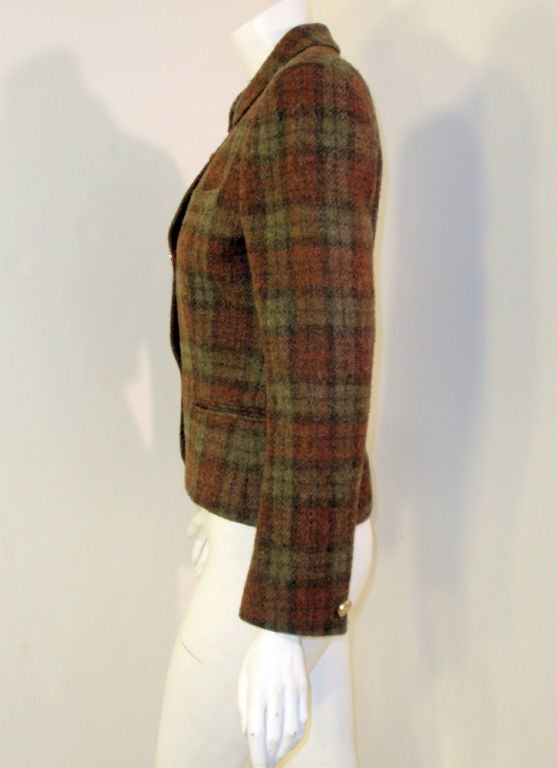 Women's Pierre Cardin Brown Plaid Wool Jacket w/ Gold Buttons, c. 1980s