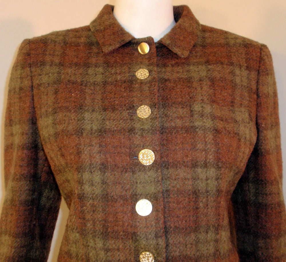 Pierre Cardin Brown Plaid Wool Jacket w/ Gold Buttons, c. 1980s 3