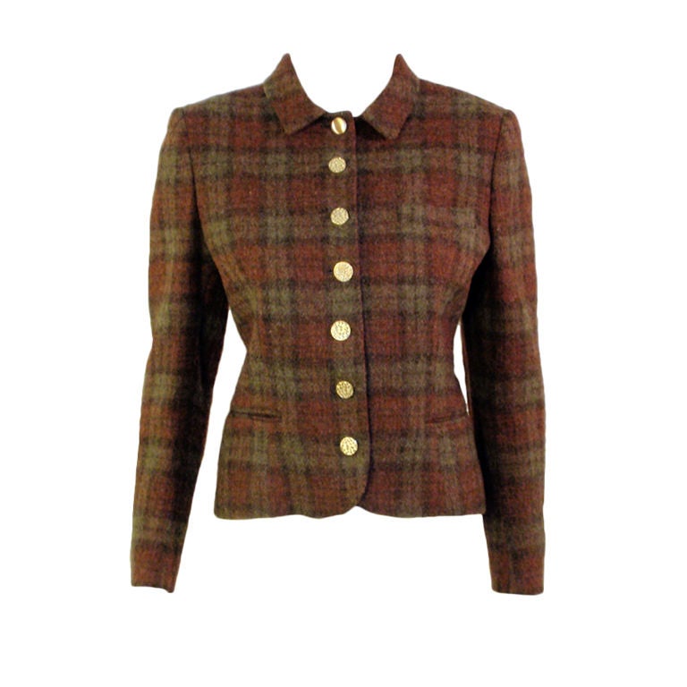 Pierre Cardin Brown Plaid Wool Jacket w/ Gold Buttons, c. 1980s