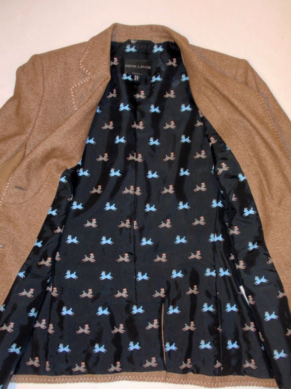 Rena Lange 2 pc. Tan Skirt Suit w/ Poodle Print Lining, 1990's For Sale 2