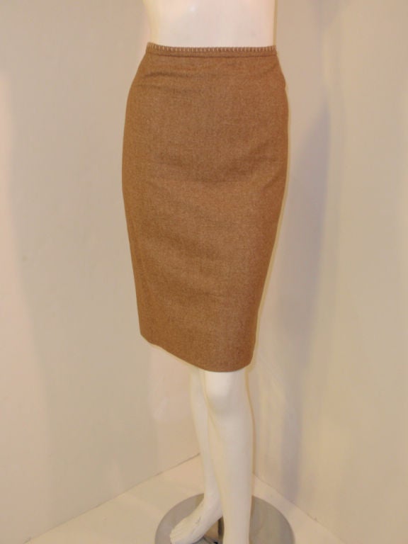 Brown Rena Lange 2 pc. Tan Skirt Suit w/ Poodle Print Lining, 1990's For Sale